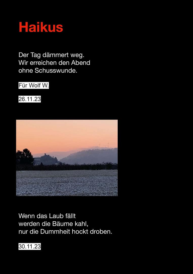 Schöne Aussichten Haiku Schusswunde. Klaus Krüger